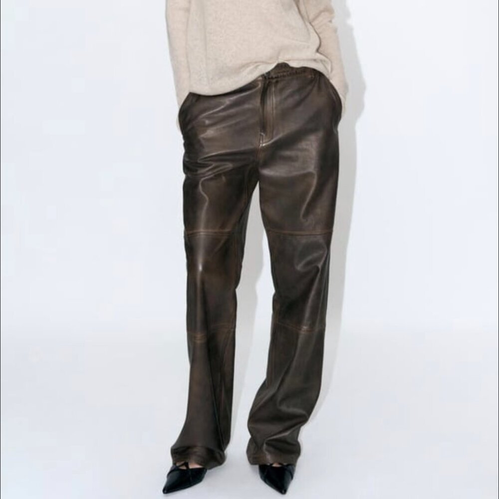 Zara Leather Collection Distressed Brown Leather Straight Leg Pants  SZ S